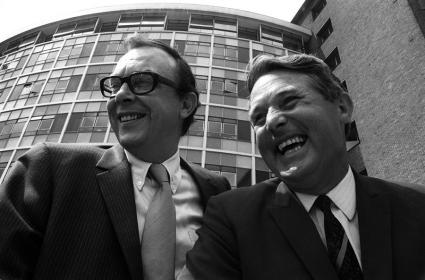 Eric Morecambe and Ernie Wise in front of Television Centre