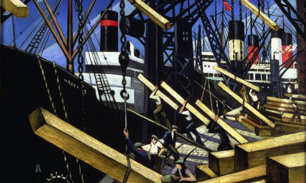 CRW Nevinson, Loading Timber, Southampton Docks, 1916-17