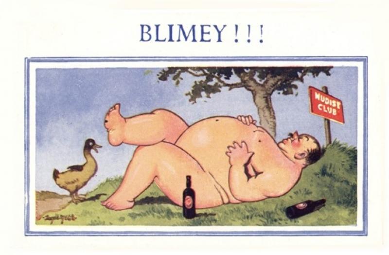'Blimey!' by Donald McGill (postcard stapled to prosecution index card)