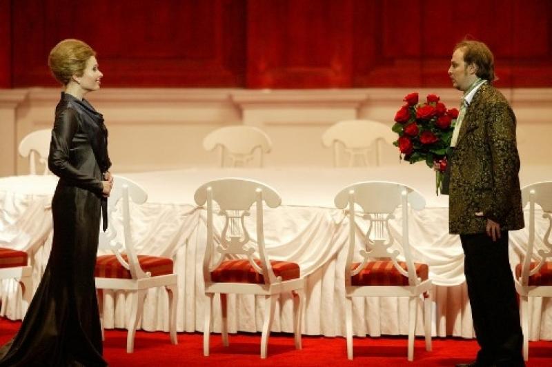 Ekaterina Shcherbachenko's newly married high-society hostess meets old flame Onegin (Vladislav Sulimsky in this image)