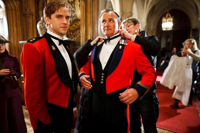 Heredity porn: Dan Stevens and Hugh Bonneville squeeze into full military fig