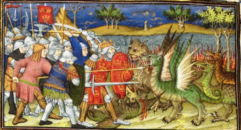 Alexander the Great fights dragons, detail from 'Le livre et la vraye hystoire du bon roy Alixandre' (c 1420-25)