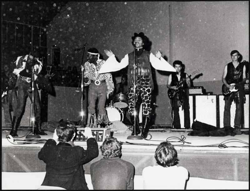 The only surviving photograph of East of Underground playing live. Guitarist Lewis Hitt pictured right
