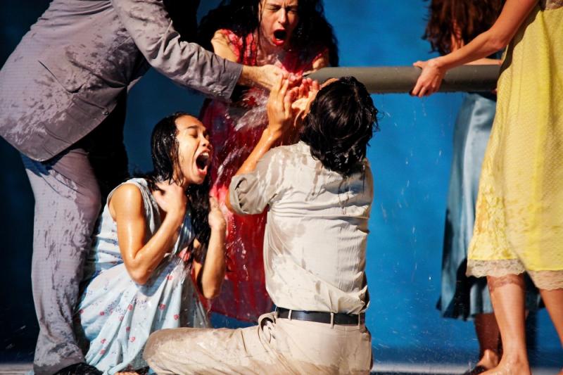 Bausch's cast enjoy a watery moment towards the end of Água—but are the audience still with them? (Photo: Oliver Look)