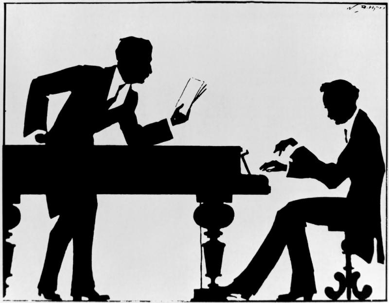 Hugo von Hofmannsthal and Richard Strauss, creators of 'Der Rosenkavalier', at work: silhouette by Bithorn