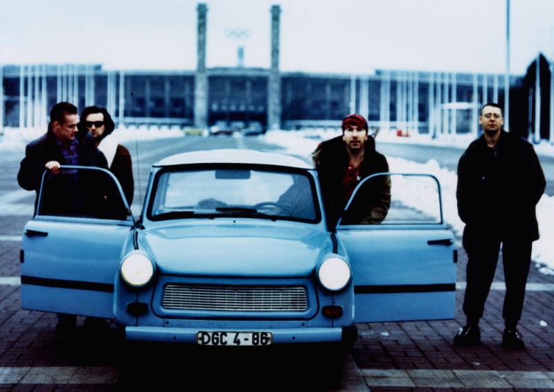 U2 while making 'Achtung Baby' in Berlin, with clapped-out Trabant