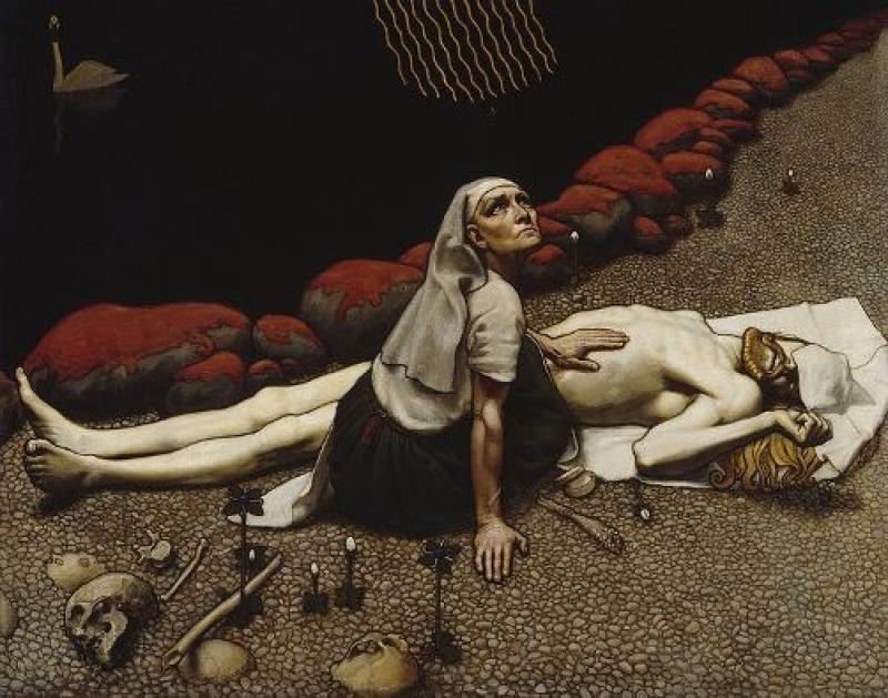 Akseli Gallen-Kallela's depiction of hero Lemminkäinen mourned by his mother, illustrated in ruggedly original music by Sibelius Akseli Gallen-Kallela's depiction of hero Lemminkäinen mourned by his mother, illustrated in ruggedly original music by Sibelius
