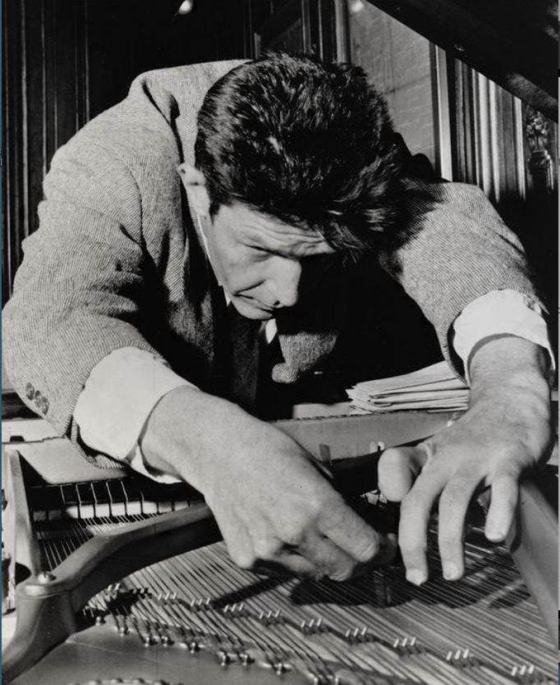 John Cage preparing a piano: 'My mind was always drawn back to the unforgettable metallic clatter of the Cage, which after the initial roar took on the shape of a fanfare'