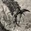 Gustave Doré's illustration of Don Quixote and Rosinante felled by the sail of a windmill, while Sancho looks on despairingly