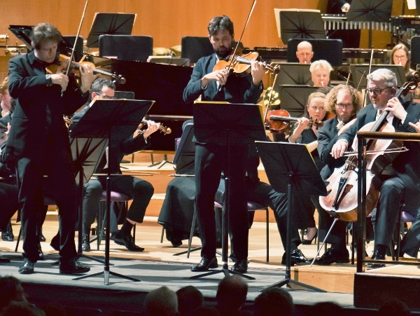 Anthony Marwood, Lawrence Power and Paul Watkins soloists in Tippett's Triple Concerto with the Hallé conducted by Thomas Adès cr David Hughes, the Hallé