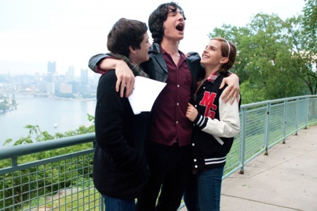 Charlie (Logan Lerman), Patrick (Ezra Miller) and Sam (Emma Watson) share good news.