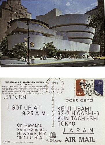 On Kawara, JUN 10 1975 from I Got Up, 1968–79, stamped ink on postcard; Keiji and Sawako Usami