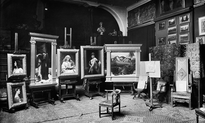 'Flaming June' and the other paintings he submitted to the Summer Exhibition of 1895 photographed in his studio in 1895. Photograph: Bedford Lemere/The Historic England Archive