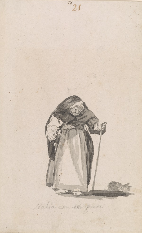 Francisco Goya, She Talks with Her Cat, c.1819-23, Brush, black and grey ink, New York, The Moran Library and Museum, Thaw Collection