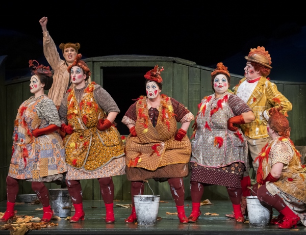 Elin Pritchard as Vixen Sharp Ears, Campbell Russell as Cockerel, Miranda Bevin as Chief Hen and members of the Chorus of Opera North as Hens © Tristram Kenton