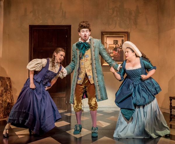 Jane Burnell (Mademoiselle Silberklang) Conor Prendiville (Monsieur Vogelsang) and Nazan Fikret (Madam Herz) in The Impresario at Buxton International Festival  cr Genevieve Girling