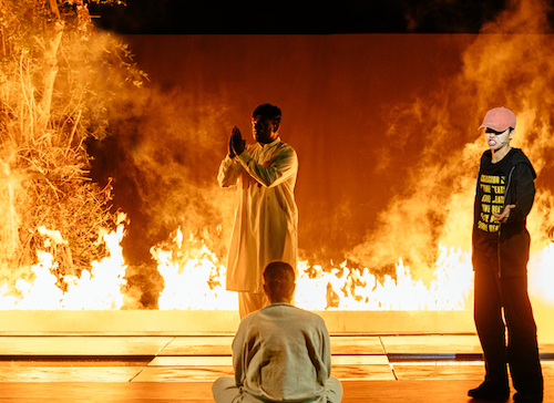 Nadeem Islam as Polyneices, Zainab Hasan as Antigone and Eli London as Tiresius