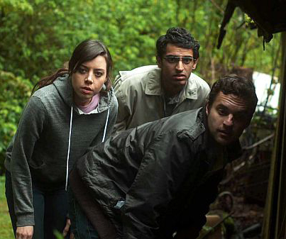 Darius (Aubrey Plaza) with uninspiring supporting players Arnau (Karan Soni) and Jeff (Jake Johnson)