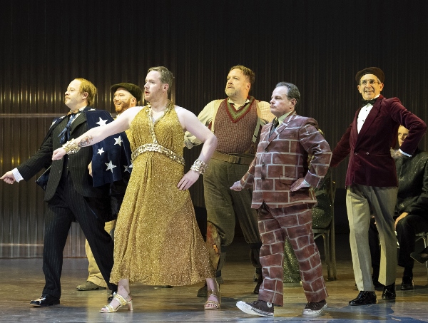 Nicholas Butterfield as Robin Starveling, Frazer Scott as Snug, Nicholas Watts as Francis Flute, Henry Waddington as Nick Bottom, Colin Judson as Tom Snout and Dean Robinson as Peter Quince in Opera North's A Midsummer Night's Dream cr Richard H Smith