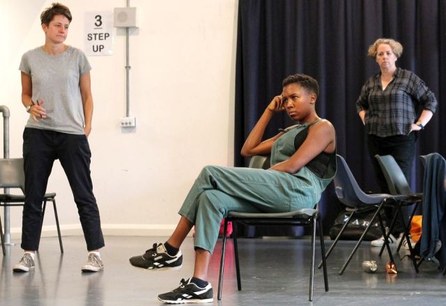 Elizabeth Freestone, Jade Anouka, Jeanie O'Hare (L to R) in rehearsal for 'Queen Margaret'