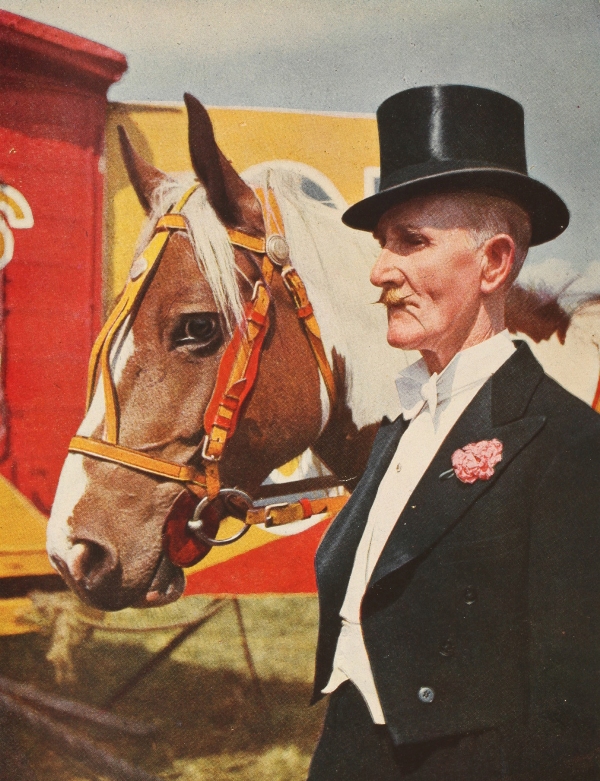 John Hinde Ellis Cook, Ringmaster, with Trixie, the leader of the Liberty horses from British Circus Life, 1948 © National Media Museum