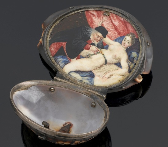 Silver-bound hinged cowrie shell containing a painting; Science Museum / Science and Society Picture Library