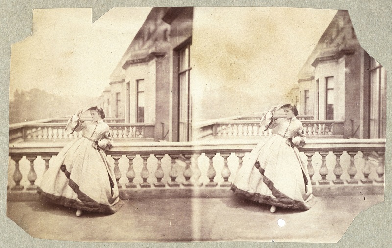 Clementina Hawarden (1822-1865), Sterograph of Isabella Grace on the terrace, 5 Princes Gardens: Photographic Study c.1861-62,  2 albumen prints on stereo card, Victoria and Albert Museum