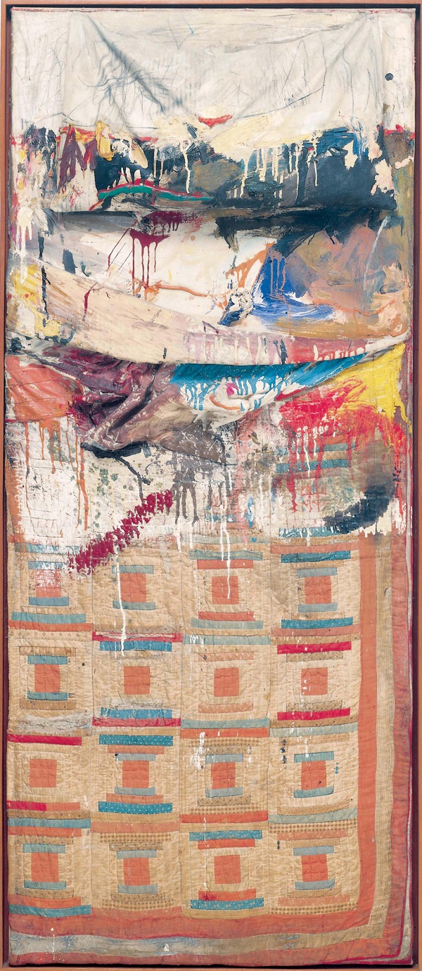 Bed, 1955  Combine painting: oil, pencil, toothpaste, and red  fingernail polish on pillow, quilt (previously owned  by the artist Dorothea Rockburne), and bedsheet mounted on  wood supports, The Museum of Modern Art, New York  Gift of Leo Castelli in honour of Aldred H. Barr, Jr. © Robert Rauschenberg Foundation, New York  Image: The Museum of Modern Art, New York/Scala, Florence