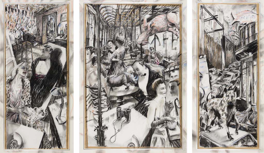 William Kentridge, The Conservationists' Ball, 1985. Charcoal, coloured pastel and gouache on paper (triptych). 198.5 x 97.5 cm (left), 198.5 x 138.5 cm (centre), 198.5 x 97.5 cm (right). Rembrandt van Rijn Art Foundation collection. Rupert Museum, Stellenbosch, South Africa © William Kentridge