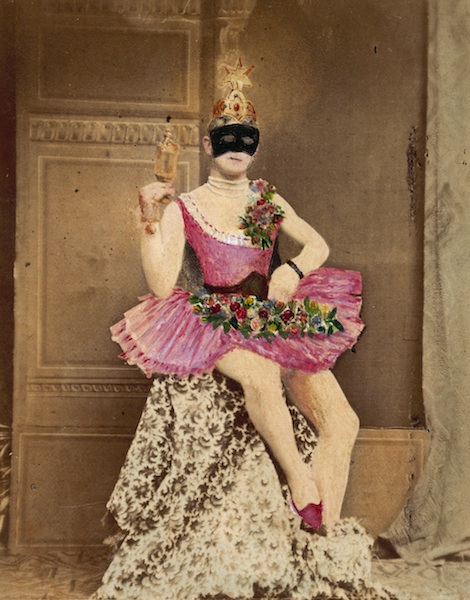 Man seated wearing a pink tutu and shoes; Wellcome Library, London 	