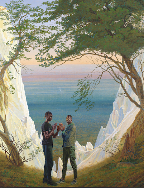 Kehinde Wiley  Prelude (Ibrahima Ndiaye and El Hadji Malick Gueye), 2021 Oil on linen 387.2 × 305 cm © Kehinde Wiley. Courtesy of Stephen Friedman Gallery, London and Galerie Templon, Paris