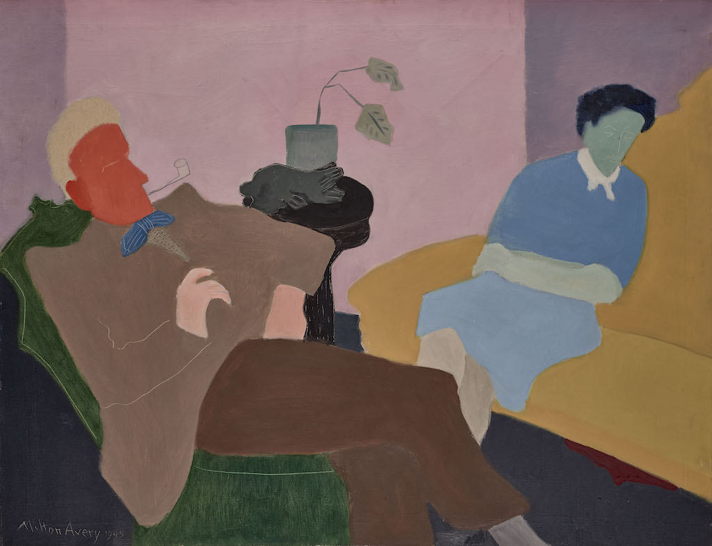 Milton Avery, Husband and Wife, 1945 Oil on canvas, 85.7 x 111.8 cm  Wadsworth Atheneum Museum of Art, Hartford, Connecticut. Gift of Mr and Mrs Roy R. Neuberger Photo: Allen Phillips/Wadsworth Atheneum © 2022 Milton Avery Trust / Artists Rights Society (ARS), New York and DACS, London 2022