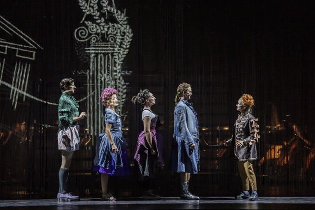 Maximilian (Mark Nathan), Cunégonde (Claudia Boyle), Paquette (Francesca Saracino) and Candide (Ed Lyon), being instructed by Pangloss (Gillian Bevan)