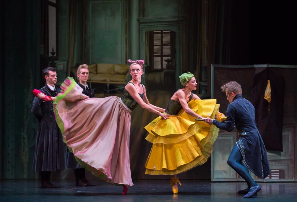 Jamie Reid and Matthew Broadbent as Dressmakers, Eve Mutso as the Tall Stepsister, Sophie Martin as the Short Stepsister and Jamiel Laurence as the Dancing Master in Christopher Hampson’s Cinderella. Photo by Andy Ross.