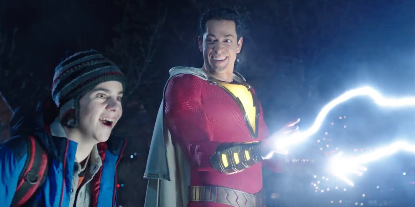 Freddy (Jack Dylan Grazer) and Shazam (Zachary Levi) in Shazam!