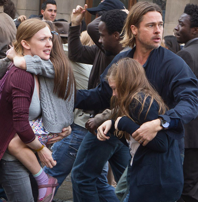 Mireille Enos and Brad Pitt in World War Z