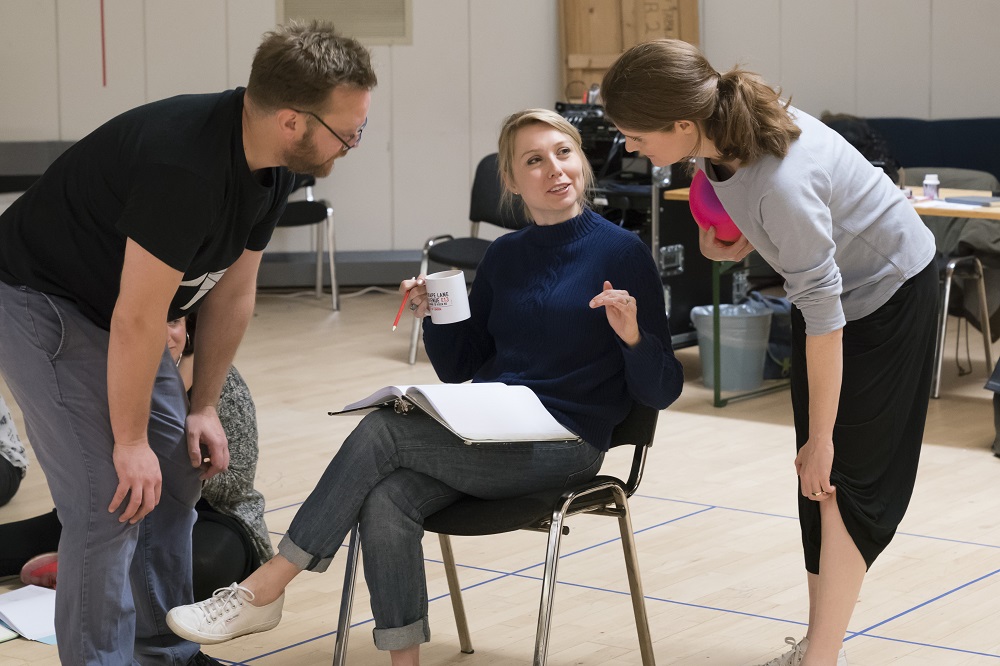 Sam Troughton, Polly Findlay and Justine Mitchell in rehearsal for Beginning at the National Theatre