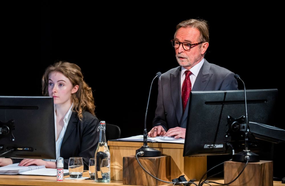 Olivia Haw (L) and Ron Cook in 'Grenfell: System Failure' at the Playground Theatre