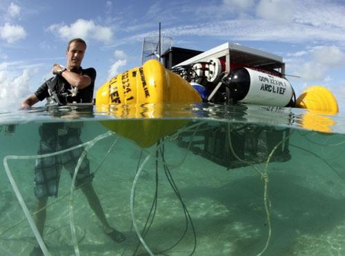 Scientists from the University of Queensland measure the effect of acidic seawater on coral reefs